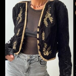 Free People Velour Gold Embroidered Cropped Jacket NWOT